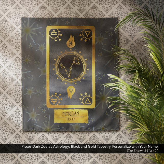 Tenture Pisces Dark Zodiac Astrologie : Black Gold Nom (Pisces Dark Zodiac Astrology: Black and Gold Tapestry, Personalized with Your Name.)