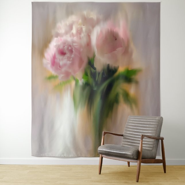 Tenture Pivoines roses rêveuses dans un vase blanc (En situation)