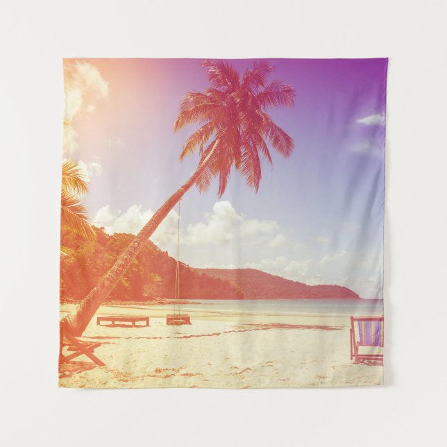Tenture Plage, cocotier, lit en bois. (Devant)