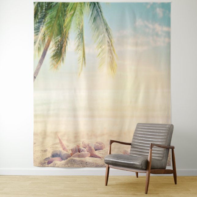 Tenture Plage tropicale palmiers coquillages  (En situation)