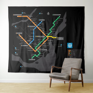Tenture Plan de métro de Montréal STM sur fond noir HD