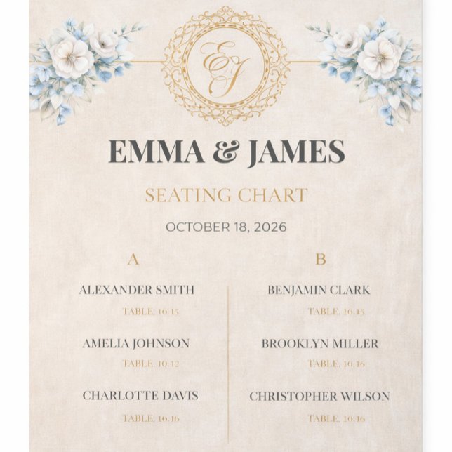Tenture Plan de table de mariage floral élégant (Elegant wedding seating chart with floral accents and gold monogram for guest table assignments)