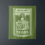 Tenture Plongeur café pop art emballage alimentaire illust<br><div class="desc">Illustration pop art qui a un sachet vert plein de café plongeur. Conception pour les amateurs de café. Fait partie de ma collection de nourriture pop art. Le paquet café est vert et a du texte personnalisable.</div>