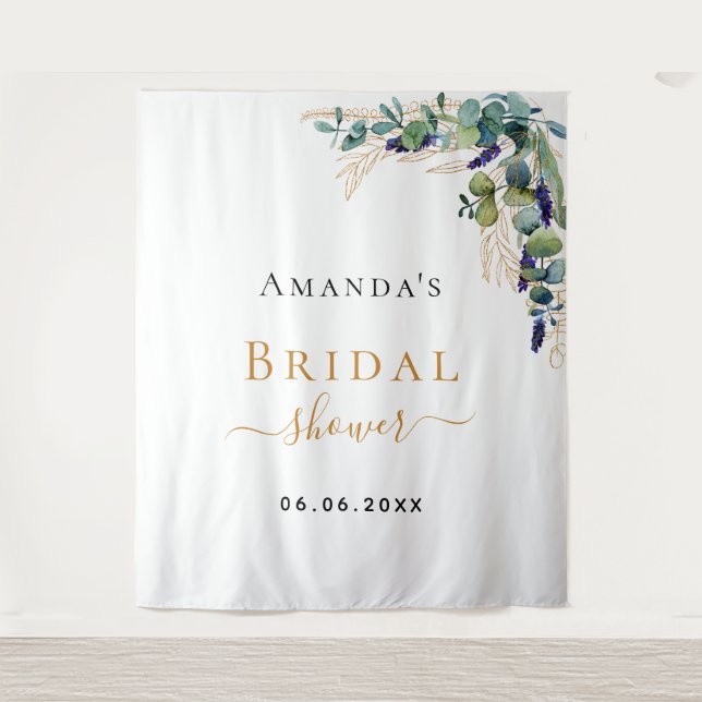 Tenture Pluie de mariage eucalyptus verdure monogramme or (Devant)