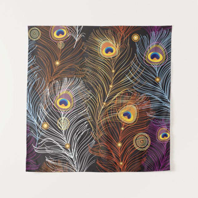 Tenture Plumes de paon doré : motif foncé. (Devant)
