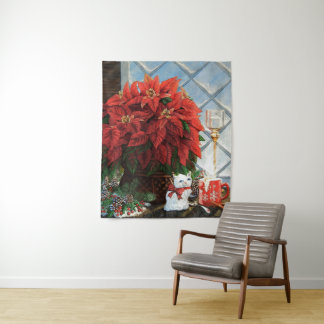 Tenture Poinsettia d'hiver, chaton en céramique, oeuf de m