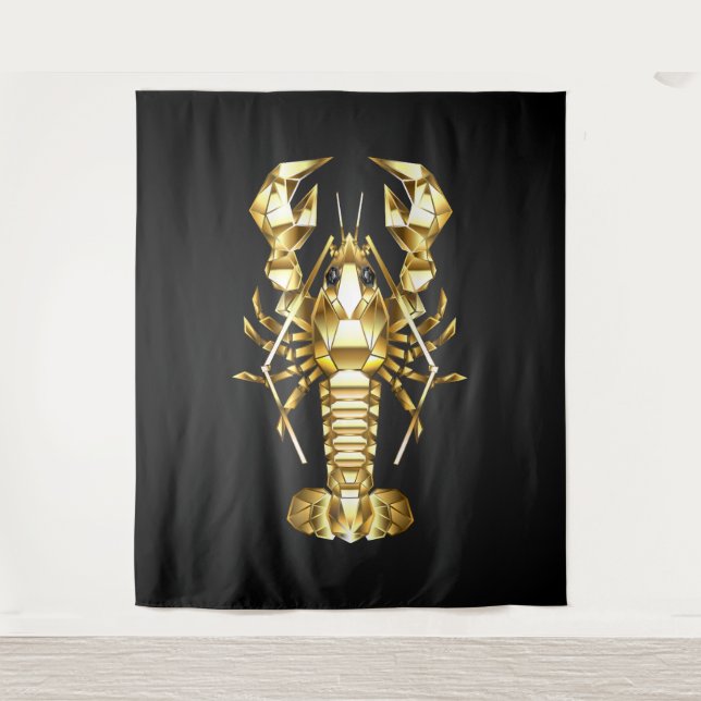 Tenture Poisson à langouste polygonale dorée sur noir (Devant)