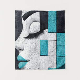 Tenture Portrait Abstrait de Fille en Mosaïque Bleue
