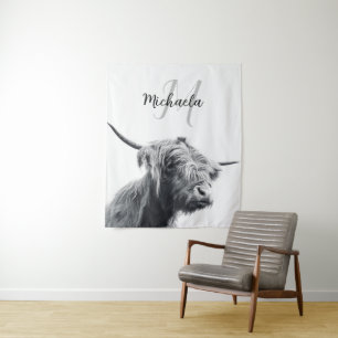 Tenture Portrait de vache Highland premier monogramme noir