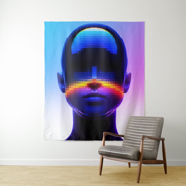 Tenture Portrait Pixel Art Futuriste – Abstrait Numérique (En situation)