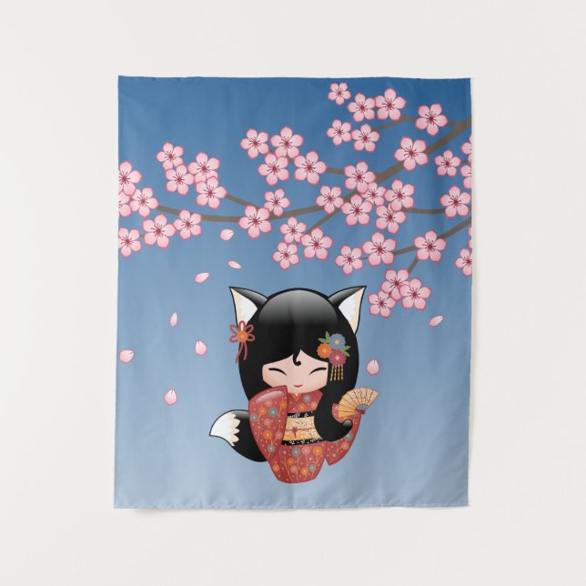 Tenture Poupée Kitsune Kokeshi - Black Fox Geisha Girl (Devant)