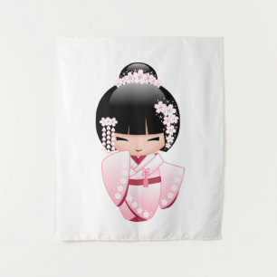 Tenture Poupée Kokeshi au kimono rose Kawaii