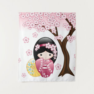 Tenture Poupée Kokeshi de printemps - Jolie fille geisha j