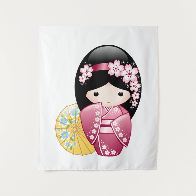Tenture Poupée Kokeshi Printemps - Cute Japonaise Geisha G (Devant)