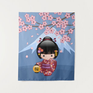Tenture Poupée Kokeshi Sakura - Jolie Fille Geisha Japonai