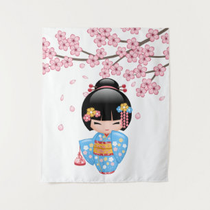 Tenture Poupée Maiko Kokeshi - Fille Geisha en Kimono Bleu