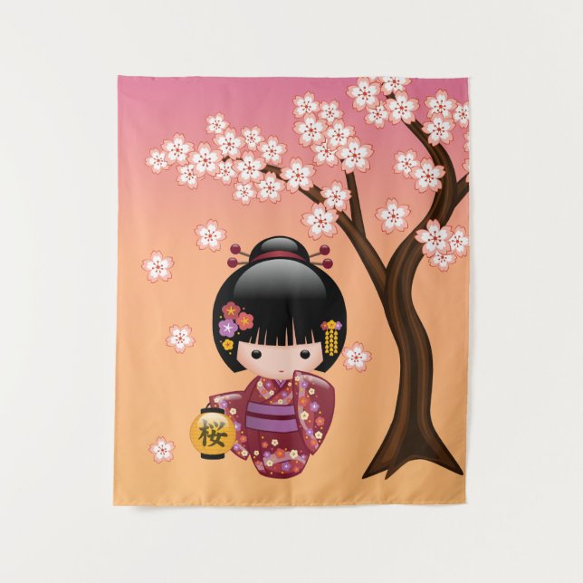 Tenture Poupée Sakura Kokeshi - Geisha Girl on Peach (Devant)