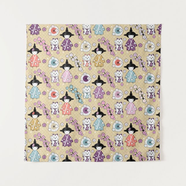 Tenture Poupées japonaises - Chats Kokeshi et Maneki Neko (Devant)