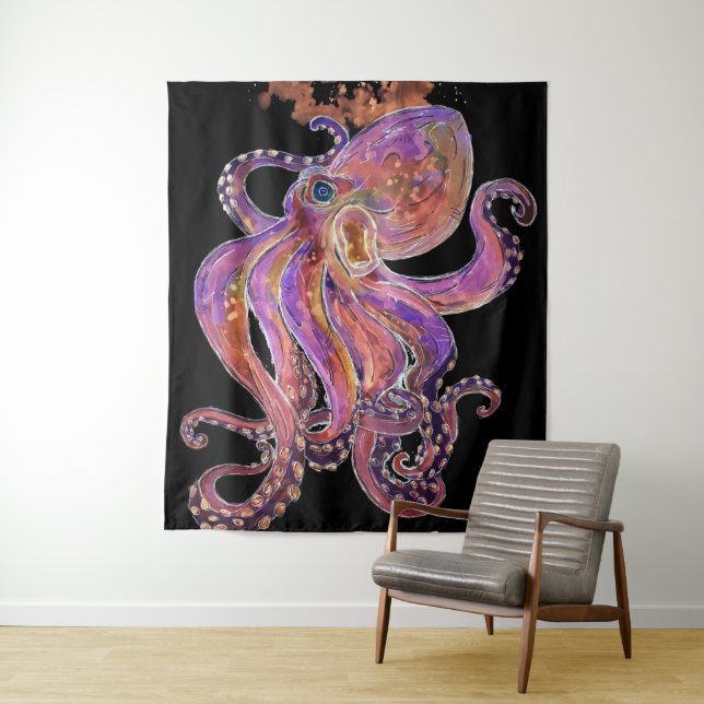 Tenture Pourpre Psychédélique Kraken de la Mer Profonde (En situation)