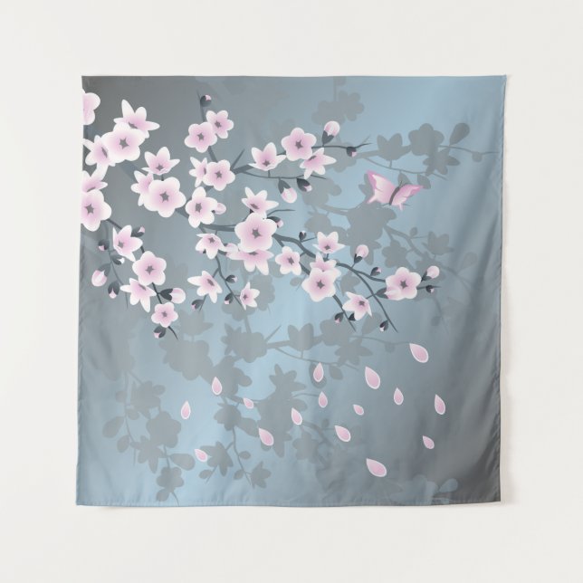 Tenture Poussière de fleur de cerisier rose bleue florale (Devant)