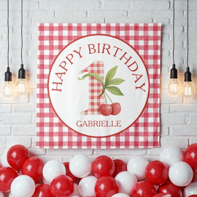 Tenture Premier anniversaire rouge à carreaux de bébé Ceri (Créateur téléchargé)
