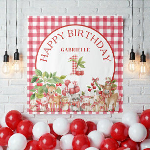 Tenture Premier anniversaire rouge à carreaux de bébé Cher