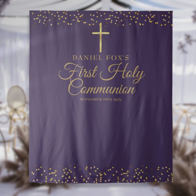 Tenture Première communion violet or toile de fond (First Communion Purple Gold Photo Backdrop)