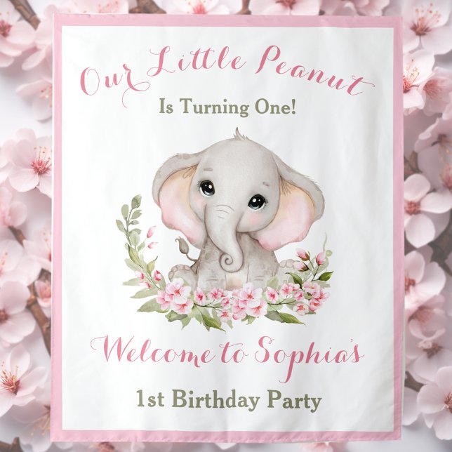Tenture Première fille d'anniversaire Eléphant Affiche de  (First Birthday Girl Elephant Welcome Sign Tapestry)