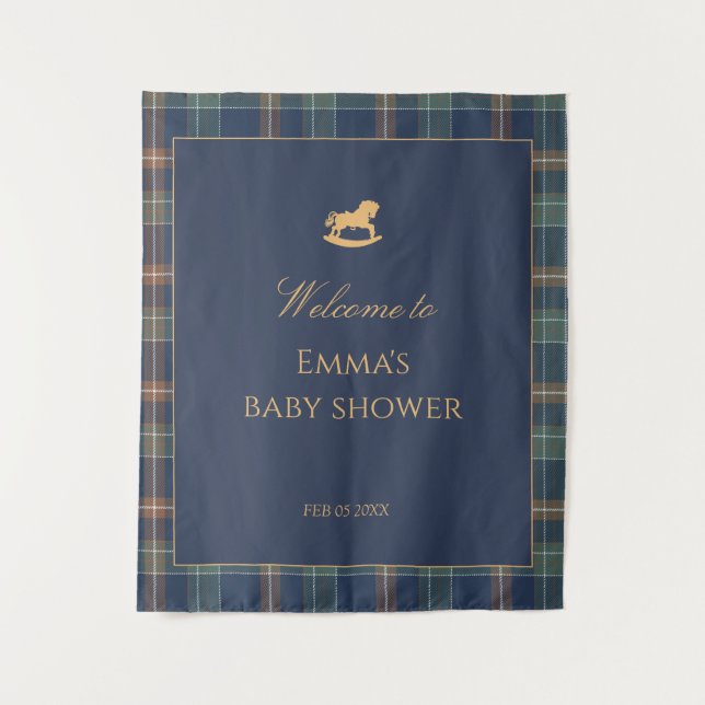 Tenture Preppy Navy Plaid Baby Shower with Rocking horse (Devant)