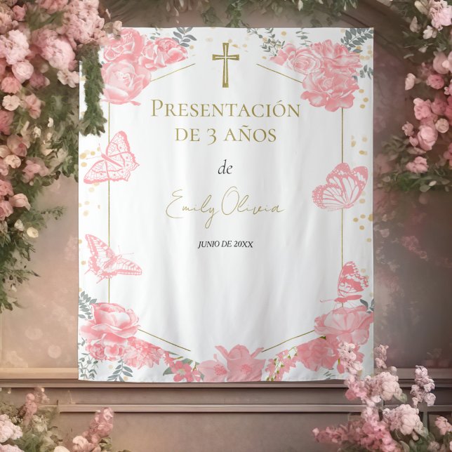Tenture Presentación 3 años Fond Papillons rose (Créateur téléchargé)