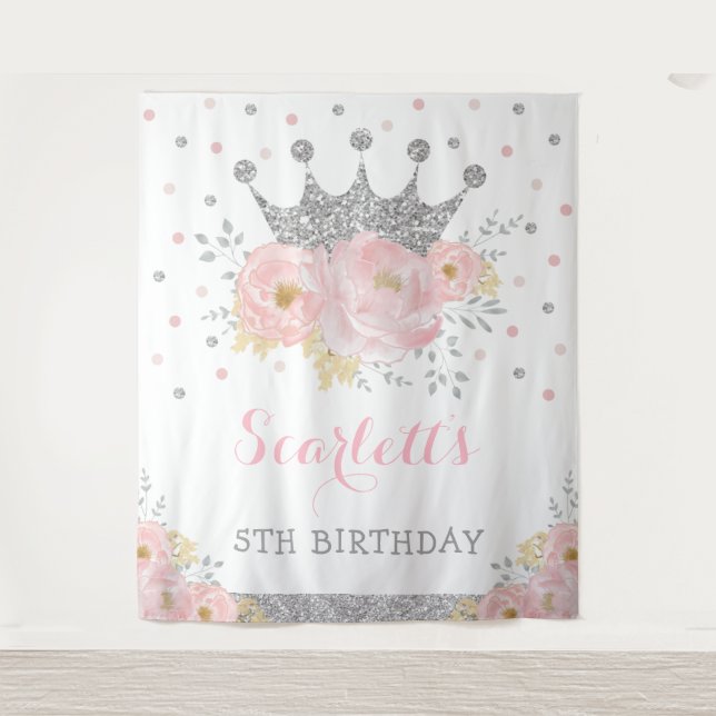Tenture Princess Blush Floral Argent Couronne Bébé Anniver (Devant)