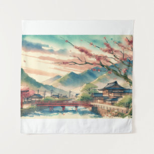 Tenture Printemps dans un paysage aquarelle du village jap