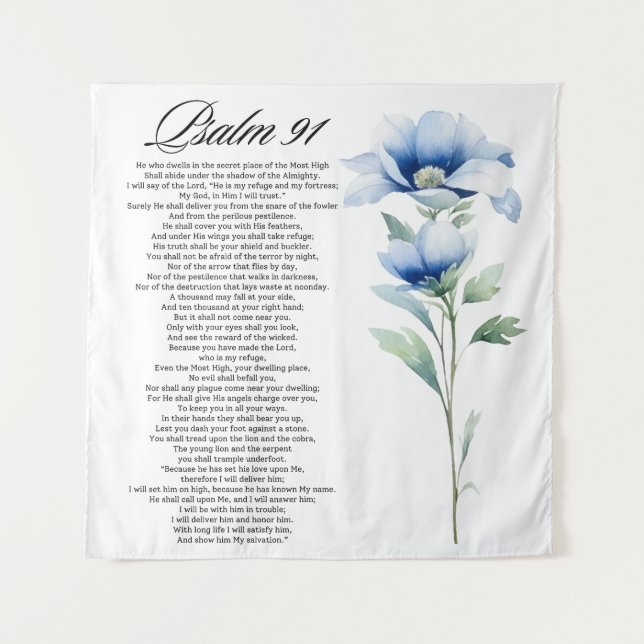 Tenture Psalm 91 Watercolor Blue Flower Bible Scriptures (Devant)