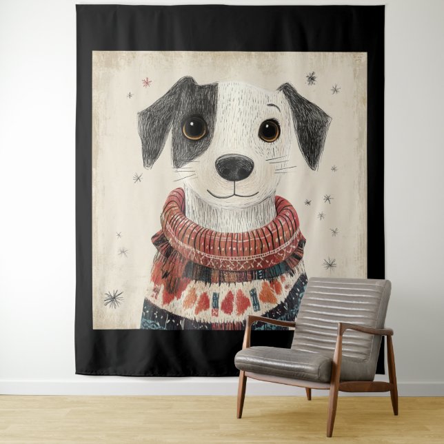 Tenture Pullover noir et blanc pour chiot avec neige (En situation)