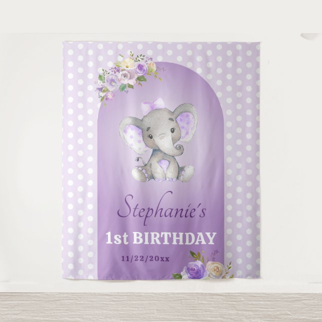 Tenture Purple Lavender Girl Elephant Premier Anniversaire (Devant)