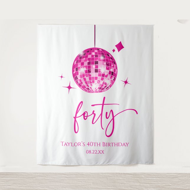 Tenture Quarantième anniversaire boule disco rose 40 ans (Devant)