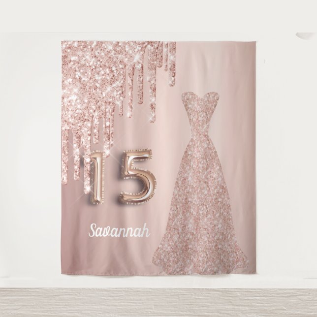 Tenture Quinceanera 15e anniversaire rose gold paillettes  (Devant)