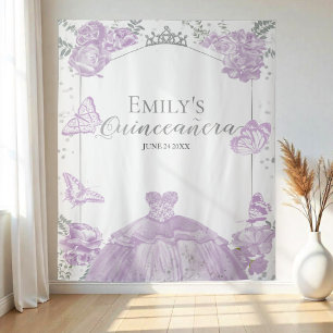Tenture Quinceanera Argent Floral Robe Lavande De Fond