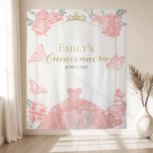 Tenture Quinceanera Arrière-plan Rose Robe Florale Or Huil