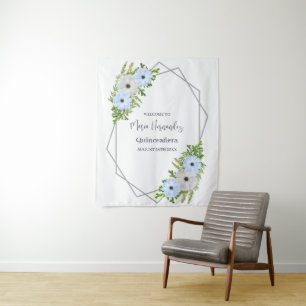 Tenture Quinceañera Florale Bleu Clair et Blanc Rustique