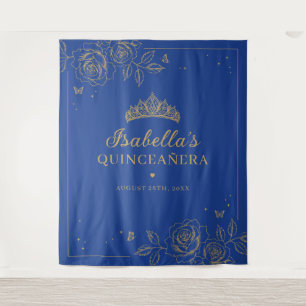 Tenture Quinceañera Florale Bleu Royal et Or