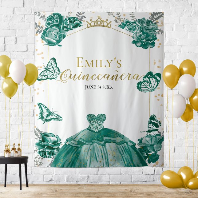 Tenture Quinceanera Fond Émeraude Vert Robe Florale (Créateur téléchargé)