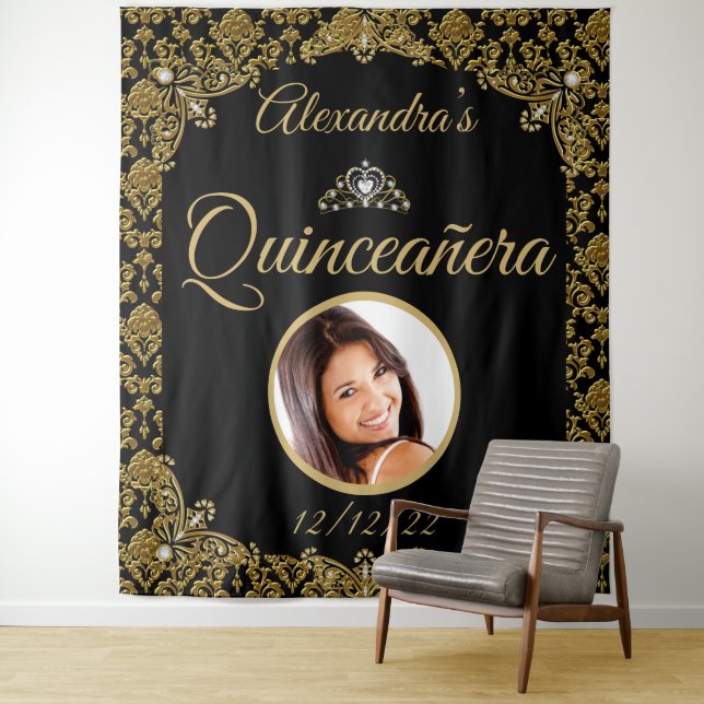 Tenture Quinceanera Photo Black Gold Damask Tiara Annivers (En situation)