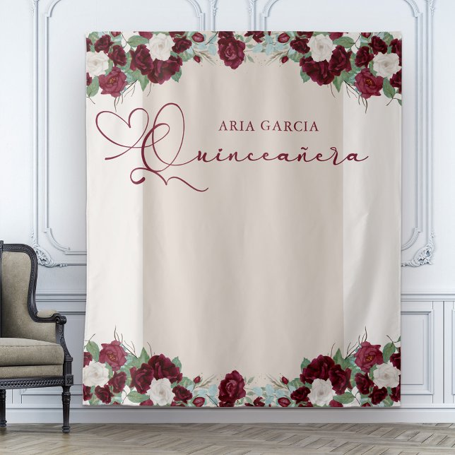 Tenture Quinceanera Royal Rose Bourgogne Rouge Floral (Floral Quinceanera backdrop with burgundy red and ivory roses)