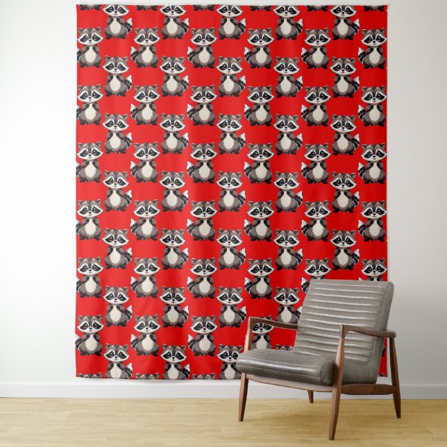 Tenture Raccoon Pattern Design Red  (En situation)
