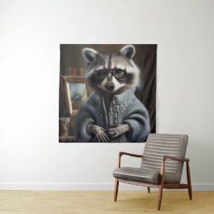 Tenture Raccoon portant un manteau tricot et lunettes amus