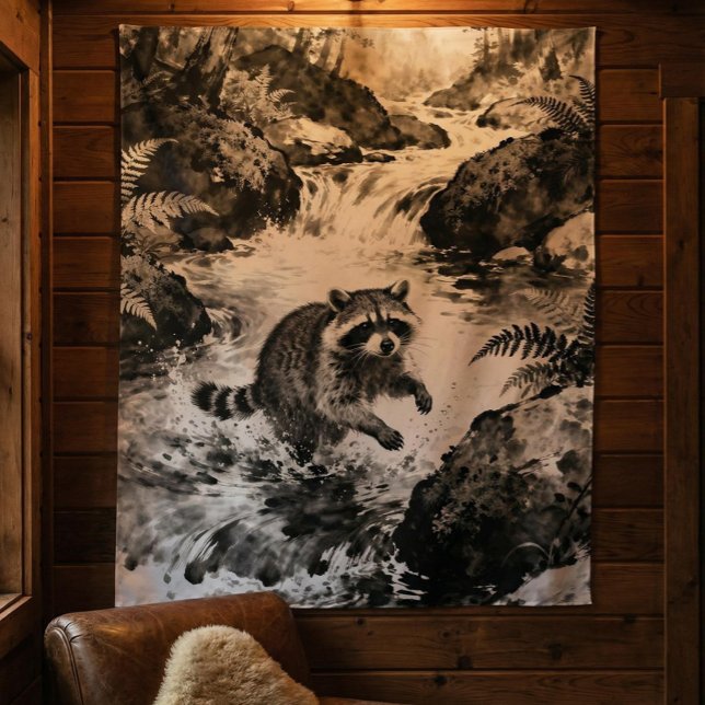 Tenture Raccoon Stream Tapestry | Forest Wildlife Art  (Créateur téléchargé)
