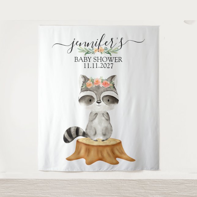 Tenture Raccoon Woodland Animals Baby Shower backdrop (Devant)