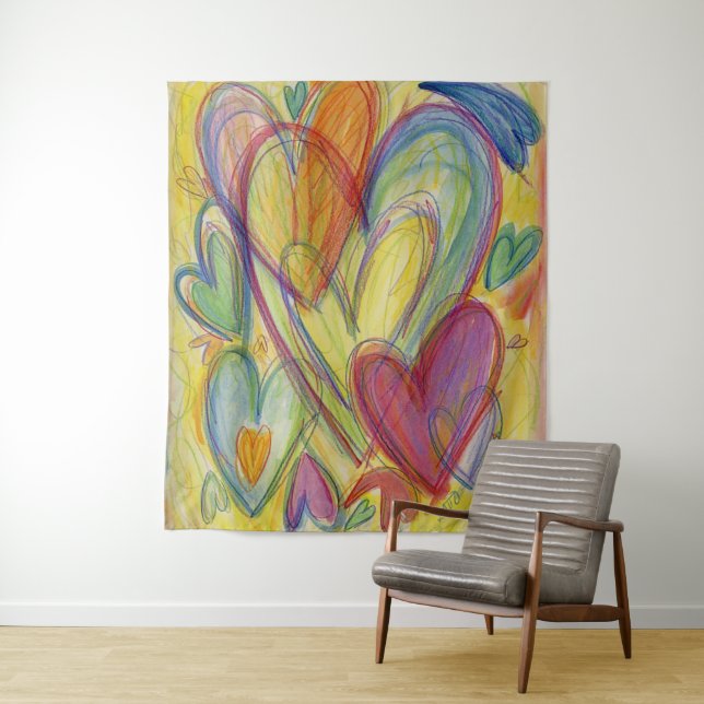 Tenture Rainbow Love Hearts Art Tapestry Wall Hanging (En situation)