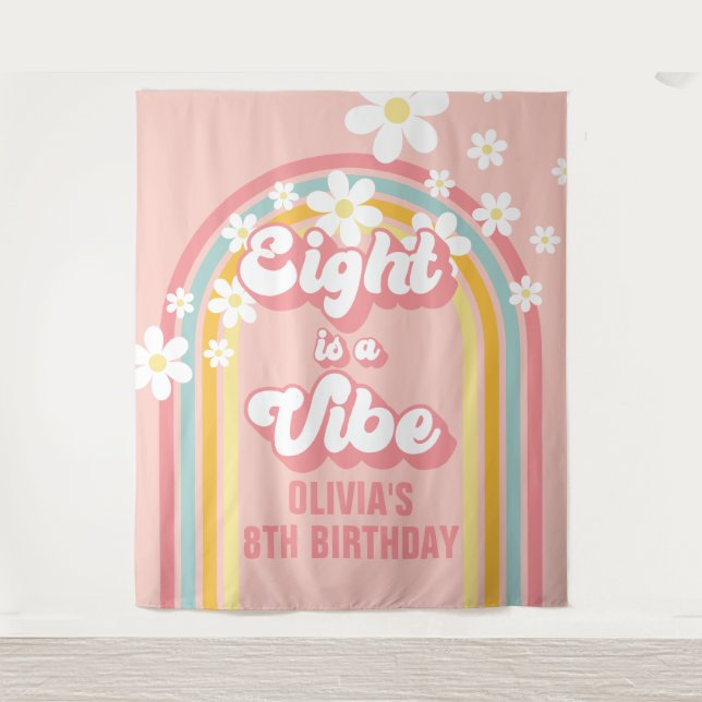 Tenture Rainbow Retro Eight est une Vibe Groovy 8e Anniver (Devant)